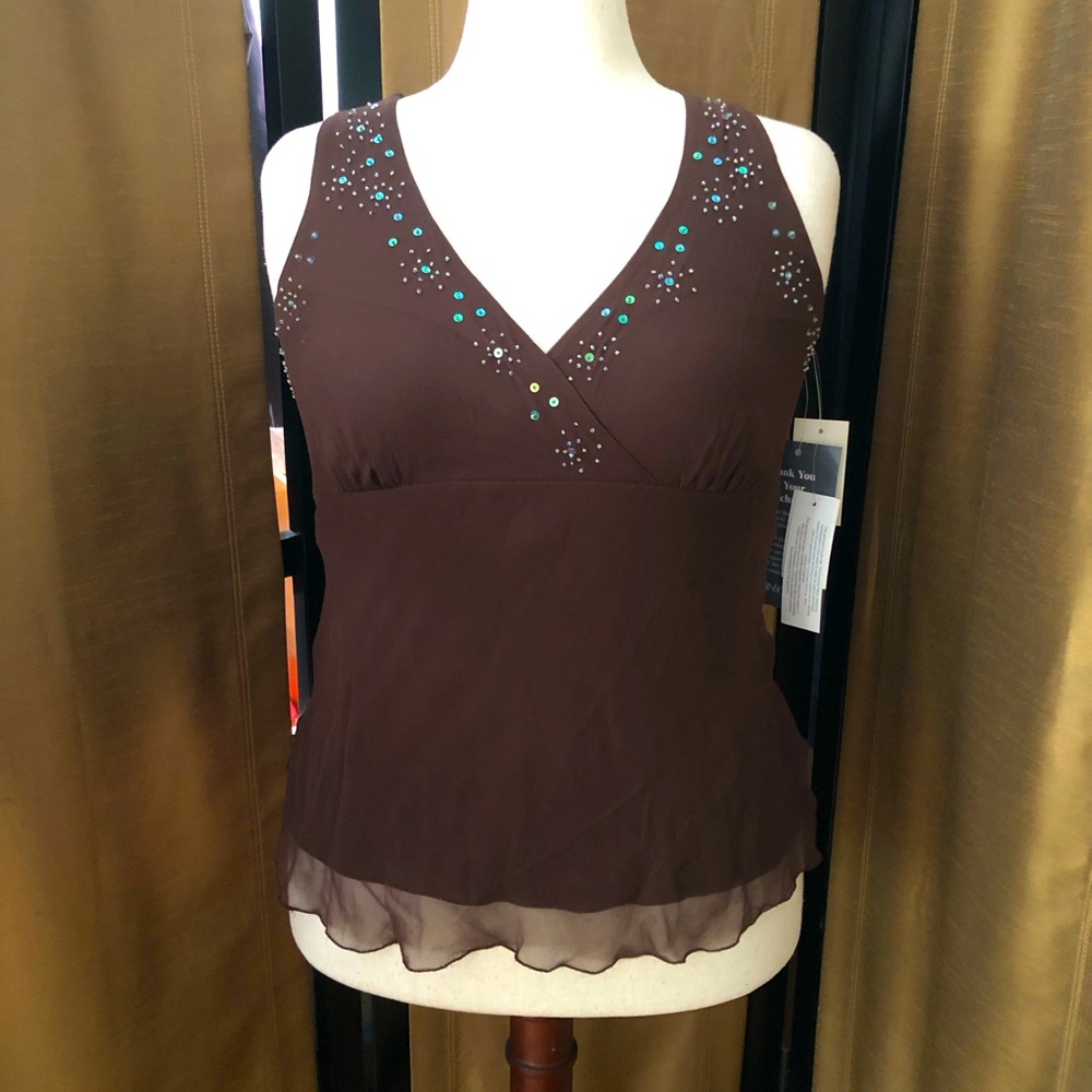Silk Brown Embellished V-Neck Women's Tank Top